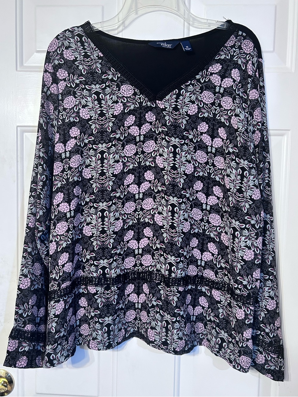 Great Northwest Indigo floral mesh accent plus size top, size 1X